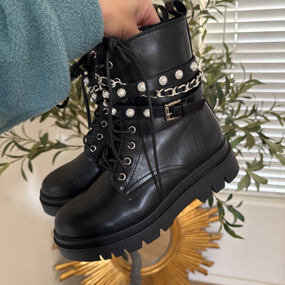 Amazon Black Chain-Embellished Combat Boots